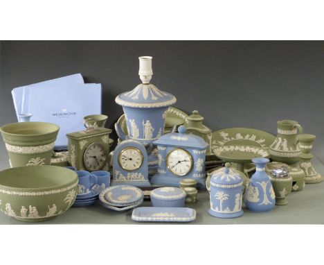 Wedgwood Jasperware twin handled Campana shaped lamp, clocks and other ceramics, tallest 34cm&nbsp;