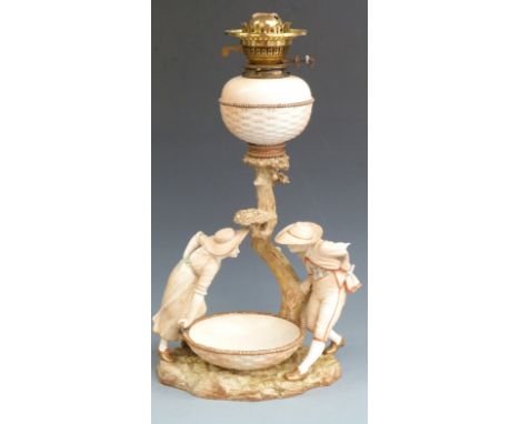 James Hadley for Royal Worcester, Kate Greenaway figural centrepiece/oil lamp shape no 1154, puce Worcester mark to base, hei
