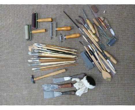 Henry Taylor wood carving chisels, specialist artist's tools and material including pure bristle brushes, ink rollers etc