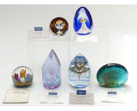 Six Caithness limited edition glass paperweights including Dolphin Duet, Symphony, Hibernation etc, tallest 10cm with certifi