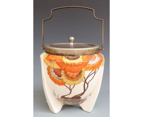 Clarice Cliff Wilkinson Pottery Bizarre biscuit barrel in the Rhodanthe pattern, with plated lid and handle, 15cm tall