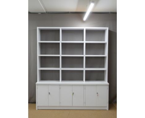 Modern white shelf unit with cupboards below, W200 x D47 x H230cm