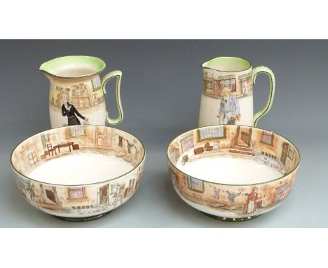 Two Royal Doulton Dickens Series Ware pedestal jug and basin sets H18.5, diameter 23cm