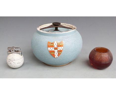 Armorial Carltonware tobacco jar with Cambridge Coat of Arms, match striker and a golf ball lighter&nbsp;