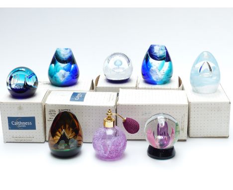 Seven Caithness glass paperweights including two Polar Ice Flow, Tablets From The Mount, Millennium Vision etc, all in origin