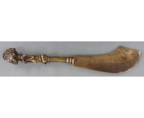 African, Ashanti/Benin figural brass ceremonial axe, length 52cm