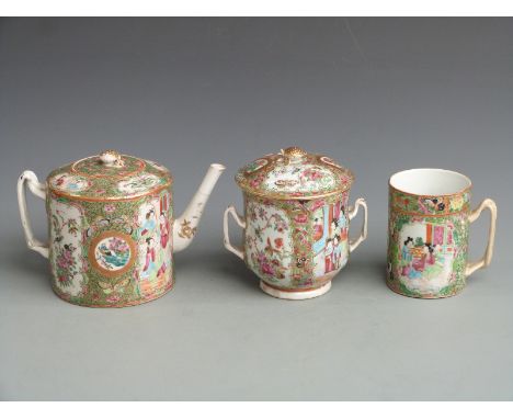 Chinese Canton famille rose tea set comprising teapot, tankard and twin handled covered pot, each with figural court scenes, 