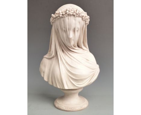 19thC Crystal Palace Art Union bust 'The Veiled Bride' on circular socle, possibly Copeland Spode, height 38cm