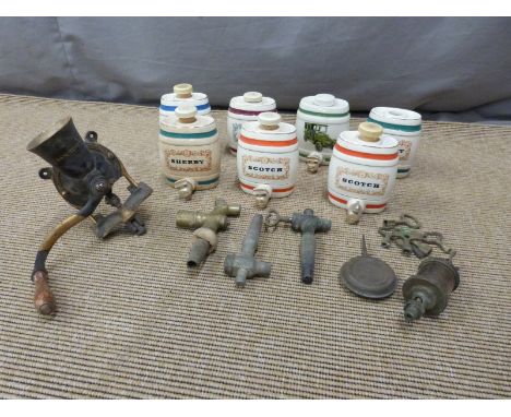 Quantity of small W&amp;A Gilbey and other bar top barrels, barrel taps, engine oiler etc