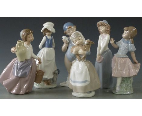 Six Nao figurines, girls with animals. horses etc, tallest 14cm