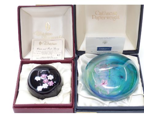 Two Caithness limited edition glass paperweights White and Pink Spray and Traditional Pool, both in original boxes with certi
