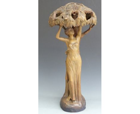 Goldscheider Art Nouveau figural lamp in the form of Eve reaching up into an apple tree. Impressed&nbsp;signature F Gross, sh