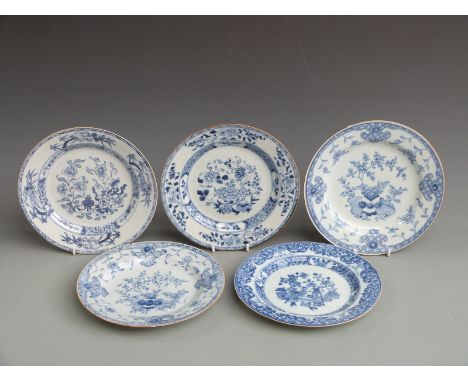 Five 19thC Chinese export plates decorated with vases of peonies, chrysanthemums, fruit and flowers diameter 23cm&nbsp;