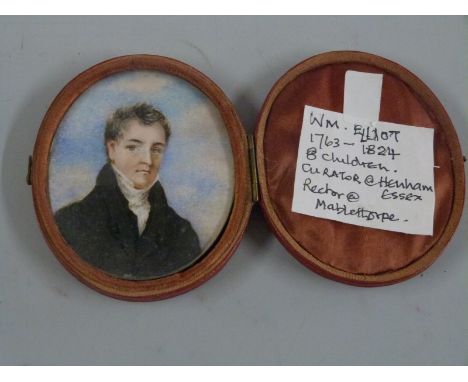 A 19thC portrait miniature of Reverend William Elliot of Mabelthorpe and Henham, Essex, with details verso giving his date of