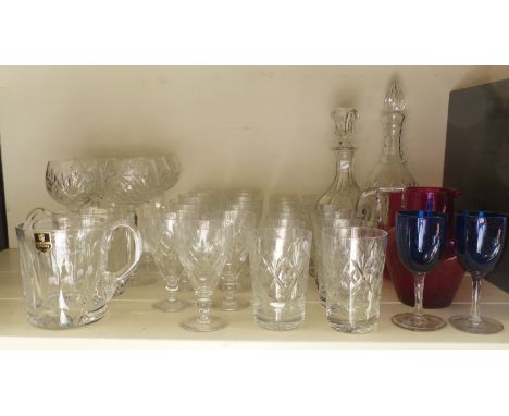 A suite of cut glass by Webb Corbett, two Edinburgh crystal tankards, two cranberry glass jugs and two 19thC blue glass wine 