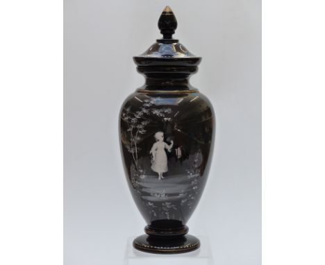 19thC Mary Gregory amethyst covered pedestal glass vase, H42cm tall&nbsp;
