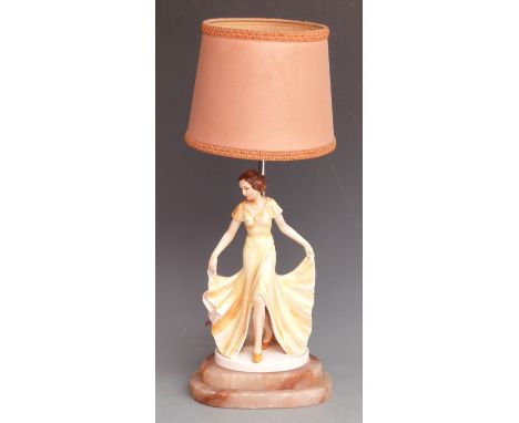 Art Deco figural lamp with possibly Katzhutte / Goldscheider figurine, H47cm