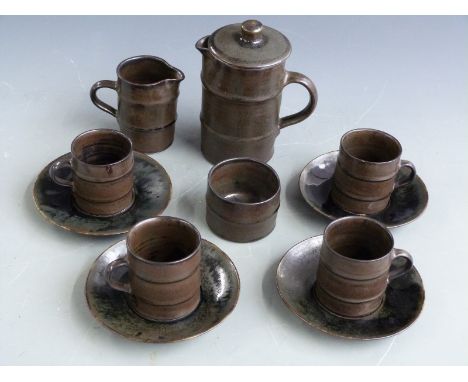 David Leach pottery coffee set comprising coffee pot, milk, sugar and four cups and saucers in Tenmoku pattern, coffee pot H1