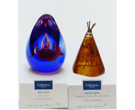 Two Caithness limited edition glass paperweights, Sacred Spirit and Red Alert, tallest 10cm