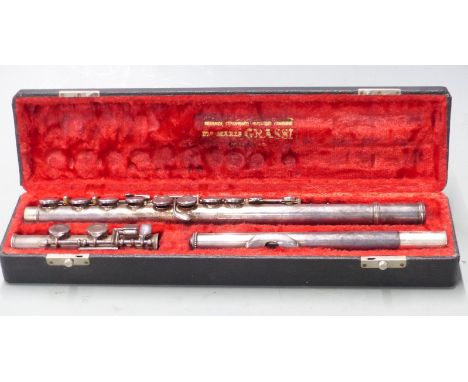 Grassi Italian made vintage flute serial number 6452. Prestige model with sterling silver mouth piece, in original case.