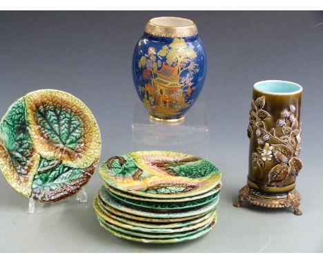 Carltonware Mikado vase, 19thC majolica plates and a 19thC vase with applied flower decoration raised on a brass/ormolu foote