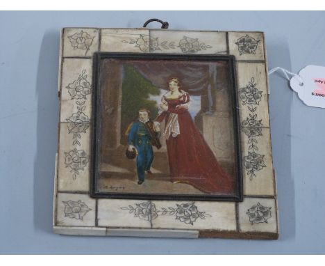 A 19thC portrait miniature of a lady with her son, indistinctly signed lower left possibly X Jacques, in ivory frame with flo