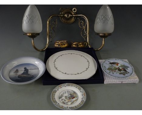 Royal Copenhagen mermaid bowl and robin plate, Wedgwood boxed cake plate, twin branch wall mounted light fitting and a 19th c