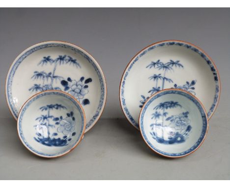 Two Nanking Cargo 18thC tea bowls and saucers with Christies labels to base, cups 4cm tall