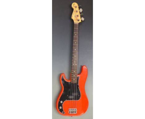 Fender Precision bass guitar in red lacquered finish, USA made, serial no. S745005, in hard plush lined case