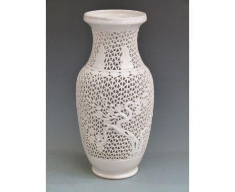 A 19thC Chinese&nbsp;blanc de chine lamp with pierced decoration H41cm