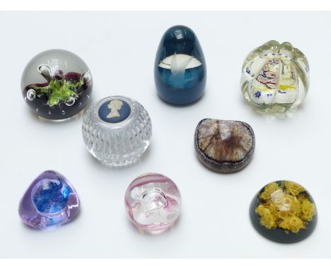 Eight various paperweights including Caithness, blue john, Wedgwood etc.&nbsp;