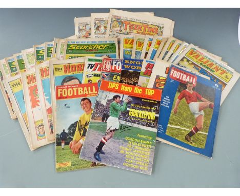 Thirty four magazines and comics including The Hornet, Valiant Scorcher, Tips from the Top, Football Monthly, TV Tornado, Rov