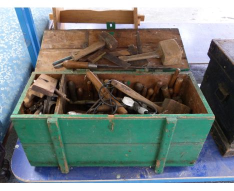 Quantity of woodworking tools including chisels, plane, braces, square etc in a vintage chest