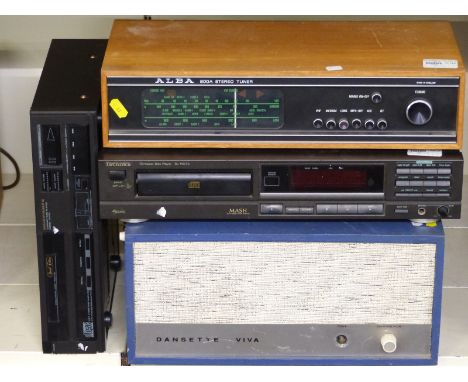 Retro Dansette Viva record player in blue and grey Rexine finish, together with Technics CD player, Marantz example and an Al