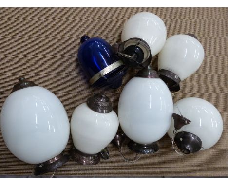Five various glass globe shaped light fittings, height of tallest 48cm