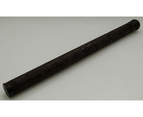 19th/20thC Chinese carved rosewood scroll holder with decoration of birds in flight and turned screw top, L23cm&nbsp;