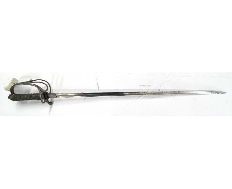 1822 pattern Victorian steel artillery sword with etched blade, no scabbard, overal length approx 104 cm