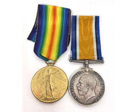 Great War Medal Pair, comprising British War Medal and Victory Medal, named to M-349275 PTE G WARNER ASC