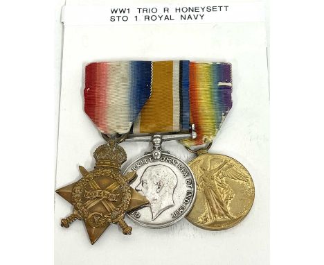Great War Royal Navy Medal Trio, comprising 1914-15 Star, British War Medal &amp; Victory Medal, named to 305508 R HONEYSETT 