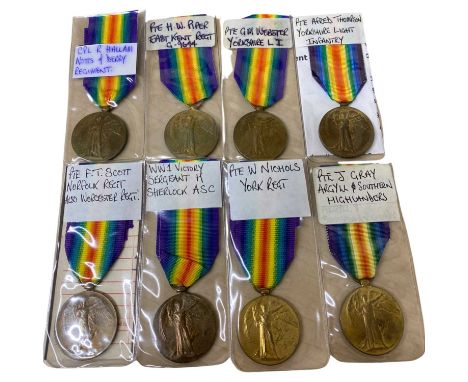 Quantity of 8 WWI victory medals to include: 2083 CPL R Hallam, Notts and Derby Regiment; 35485 PTE GM Webster, Yorkshire LI;