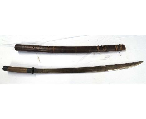 Burmese Dha sword with metal collar pommel and wooden scabbard, overal length approx 75cm