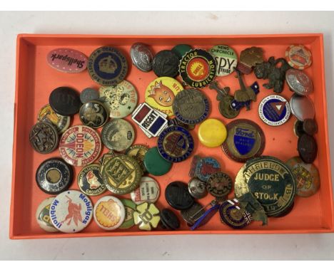 Approximately 60 assorted Badges and Buttons including 'The Field Judge of Stock 1912', 'Shell Tractor Lubrication', 'Coronat