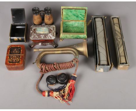 A quantity of assorted collectables. To include an Alabaster trinket box, brass bugle, leather covered binoculars and card ca