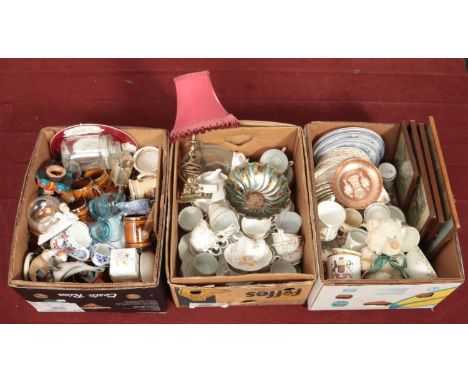 Three boxes of miscellaneous. Includes table lamp, Scenes From Coaching Days mugs, Royal Albert, oriental teawares etc.  
