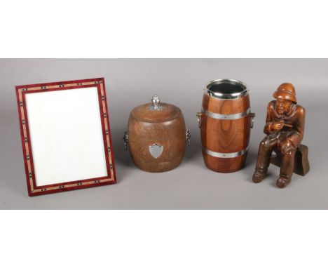 A selection of Treen items; to include carved figure, wine cooler and tobacco jar with ceramic liner.  