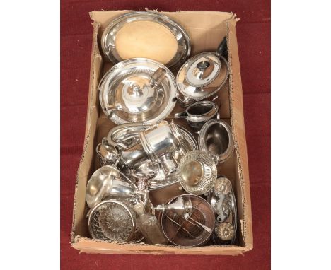 A box of silver plated items. Includes wine coasters, Walker &amp; Hall tea set, Mappin &amp; Webb pedestal dish etc.  