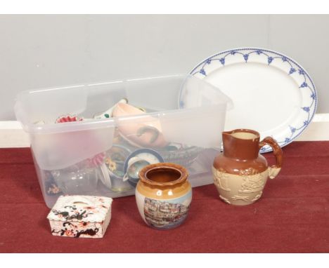 A box of miscellaneous. Losal Ware meat platter, Presin goll pottery jar, cut glass bowls etc.  