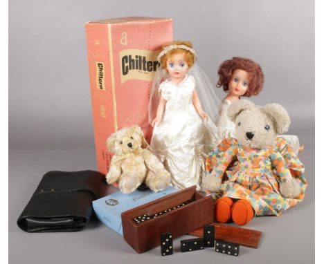 A collection of miscellaneous. Chiltern Bride doll (boxed), wooden boxed dominoes, Russ Teddy Bear etc  