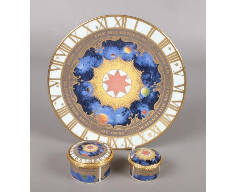 Three pieces of Royal Worcester Millennium porcelain. Includes plate, trinket box and music box.  