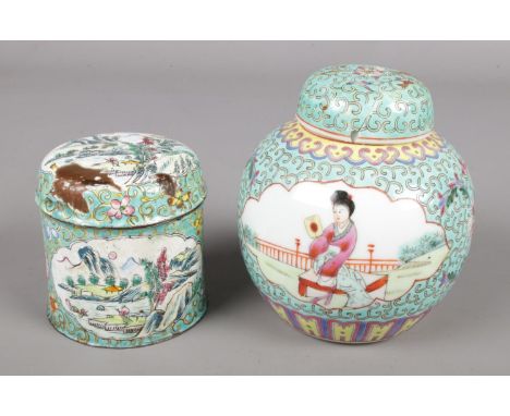 A Chinese cloisonne lidded pot along with a ginger jar.  Loss of enamel to cloisonne. Repair to lid of ginger jar.